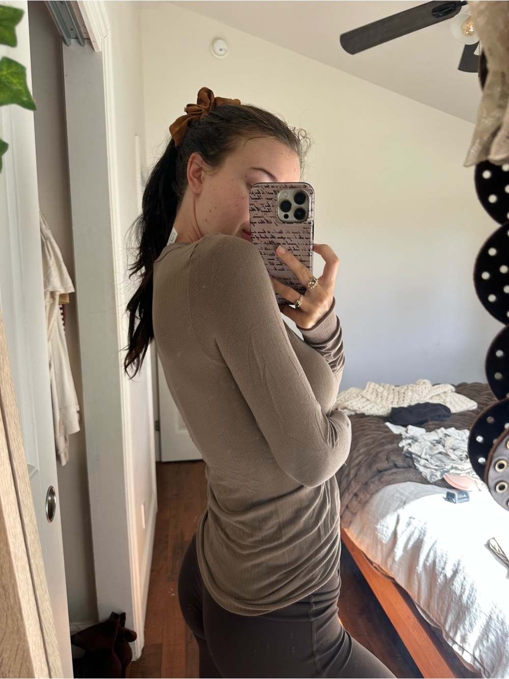 Free People Fitted Long Sleeve Crewneck Top in Taupe